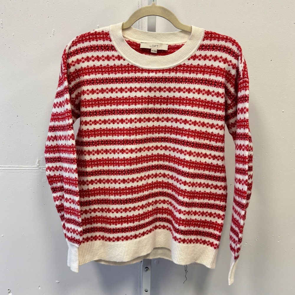 NWT LOFT‎ Women's Fair Isle Striped Crew Neck Sweater Red White XS S/766805